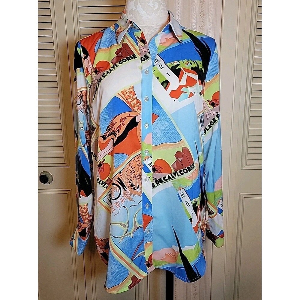 Milk & Honey Blouse Top Fashionista Graphic France Print-Button Front Sz L